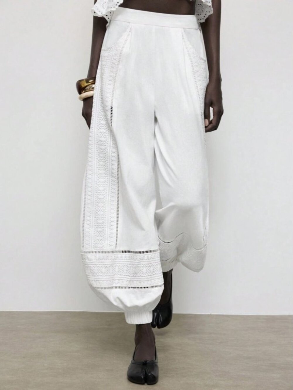 White Crochet Lace Trim Balloon Pants with Cuffed Hem